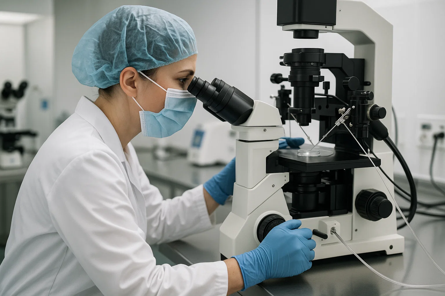 A woman in a lab coat examines a sample through a microscope in a laboratory setting.